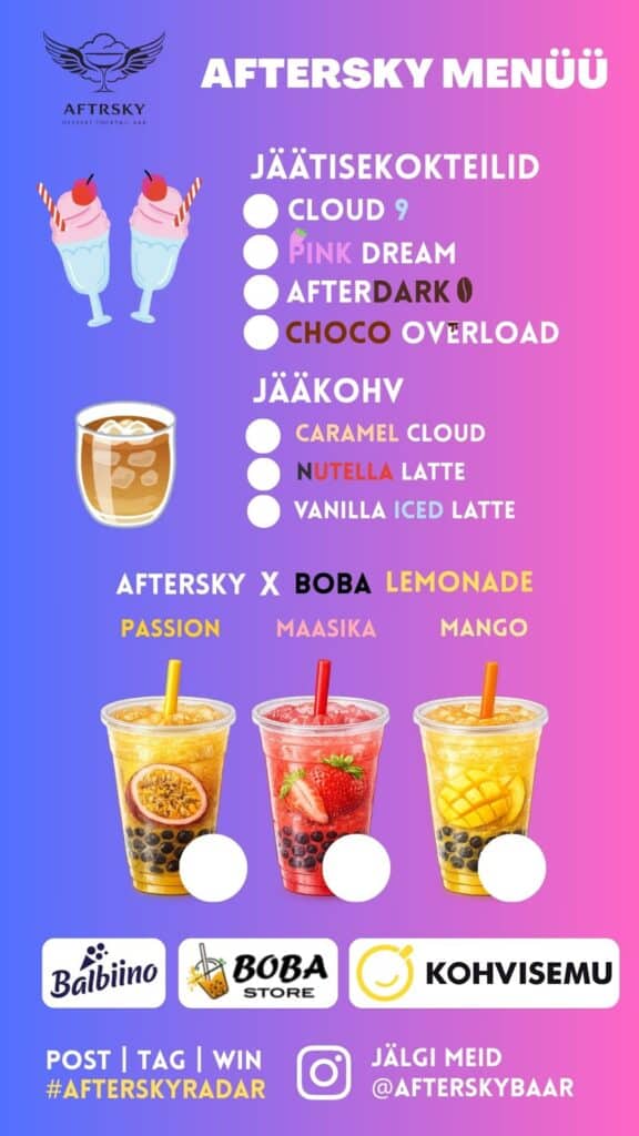 AfterSky liikuv kokteilibaar ja jäätisekokteilid menüü