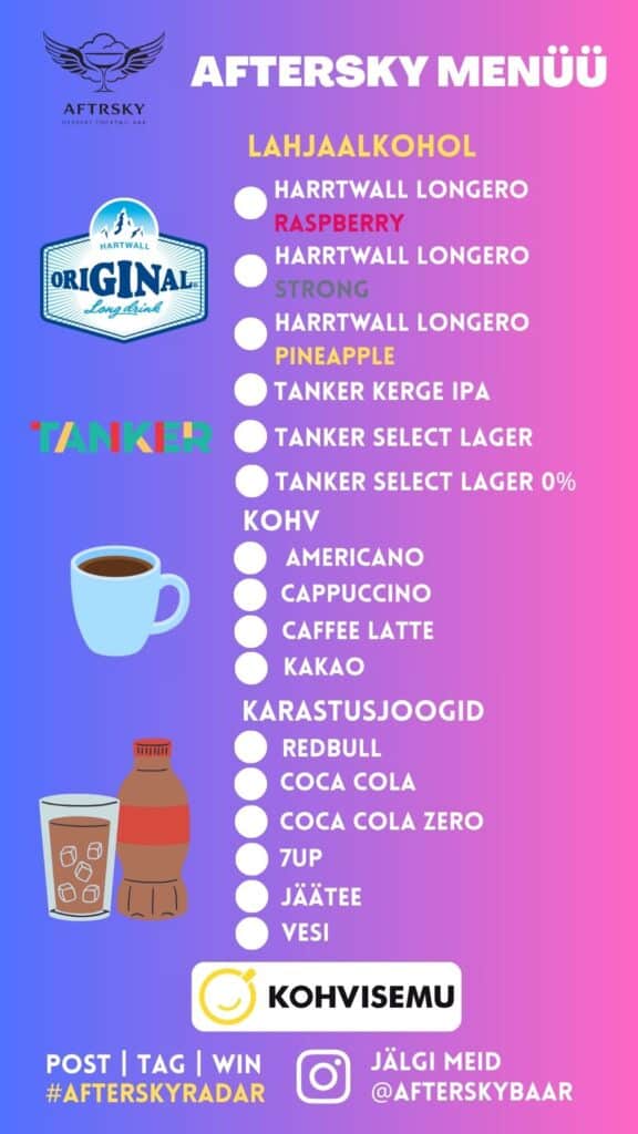 AfterSky liikuv kokteilibaar ja jäätisekokteilid menüü lk2